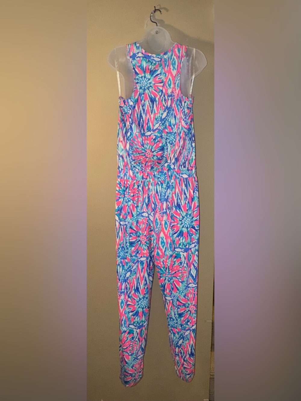 Lilly Pulitzer Sleeveless V-Neck Printed Jumpsuit in Pink & Blue - Picture 3 of 7